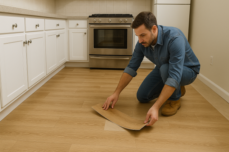 Persona poniendo un suelo vinilico sin obra en su cocina